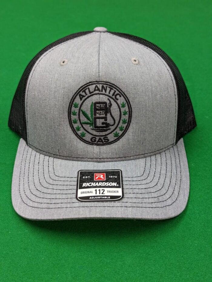 Atlantic Gas Brand Hat in gray and black with embroidered logo, available in S/M, M/L, L/XXL sizes