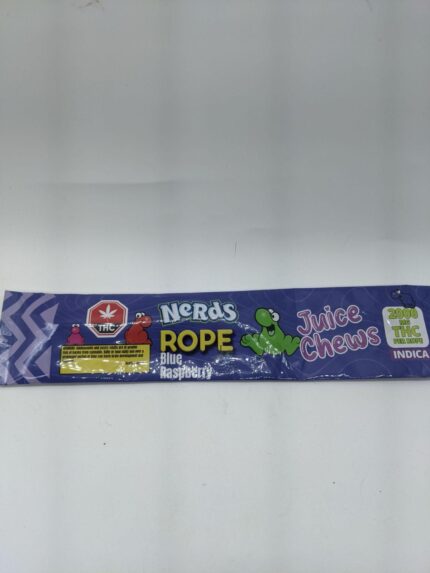 Close-up of 2000 mg THC Nerd Ropes packaging, showcasing the Blue Raspberry flavor, a potent cannabis-infused edible with 2000 mg of THC.