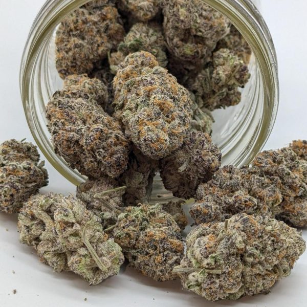 Close-up of White Walker cannabis strain buds in a jar